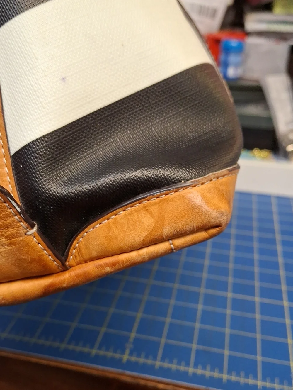 COACH Black & White Striped Tote with Tan Leather Trim Preloved